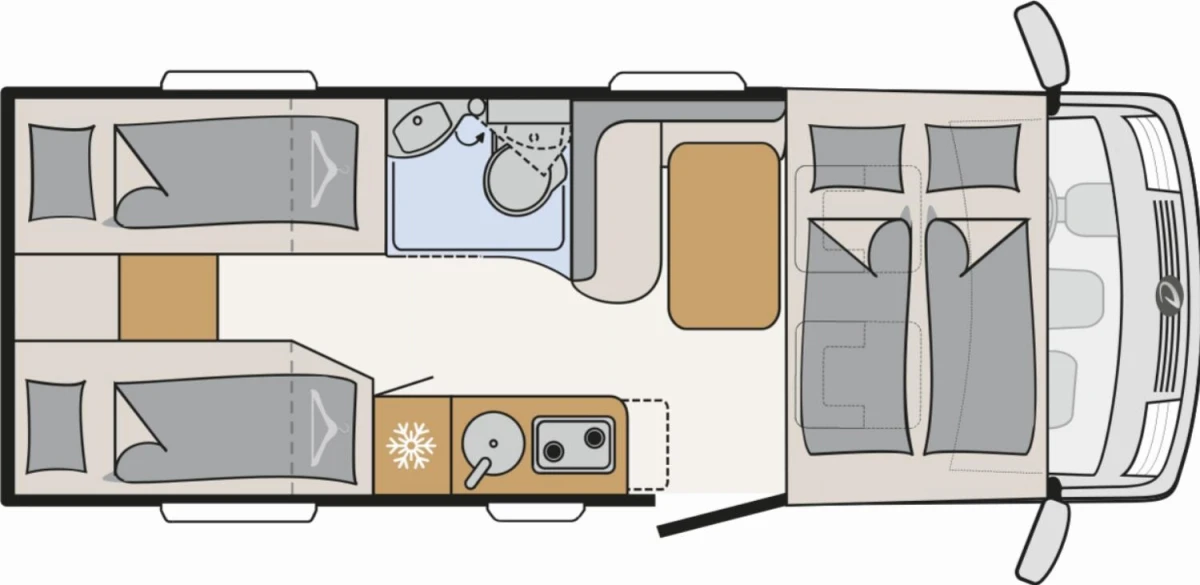Půdorys obytného vozu Dethleffs Globebus I4 – zadní lůžka, koupelna, kuchyň a přední sedadla